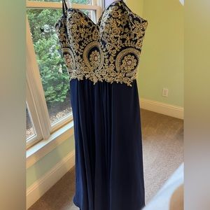 Camille La Vie Blue Prom Dress With Gold Embroidery And Corset Back